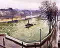 Peinture montrant en surplomb un angle de quai et de pont, avec quelques passants, un remorqueur sur l'eau et des immeubles sur tout l'arrière-plan