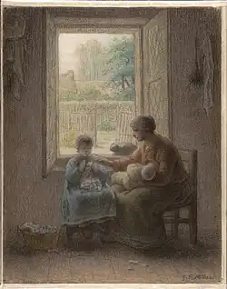 La leçon de couture, vers 1860, fusain et pastel, 38 × 31 cm, Crocker Art Museum.