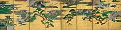 Huit chapitres du Dit du Gengi. Sōtatsu. Encre, couleur et or sur papier doré. Paravent à 8 feuilles, 81&nbsp;×&nbsp;327&nbsp;cm. Met. Chaque paravent 154,5&nbsp;×&nbsp;169,8&nbsp;cm. Kennin-ji, Kyōto