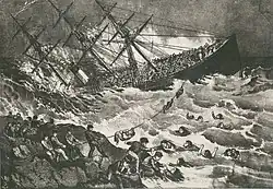 gravure représentant le naufrage du paquebot et la lutte des rescapés dans l'eau