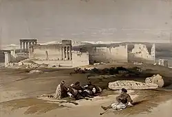 La ville ancienne de Baalbek. Lithographie en couleur dans The Holy Land, Syria, Idumea, Arabia, Egypt, and Nubia, d'après une peinture de David Roberts.
