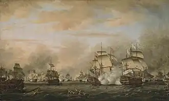 Huile sur toile représentant plusieurs navires engagés dans une bataille navale.