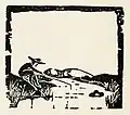 Xylographie. Un pêcheur, à gauche, assis au bord d'une rivière.