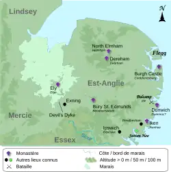 Carte localisant les principaux lieux du royaume d'Est-Anglie à l'époque d'Earpwald.