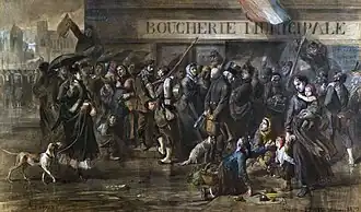 Tableau montrant des habitants affamés et une longue file d'attente devant une boucherie.