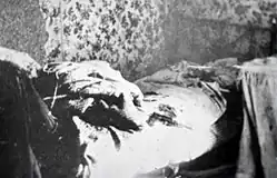 Photographie en noir et blanc d'un lit défait et désordonné. Une pistolet est posé sur le lit.