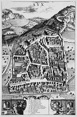 Plan cavalier d'une ville au XVIIe&nbsp;siècle.