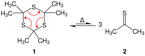 Thermolyse de la trithioacétone en thioacétone à 500-600 °C.