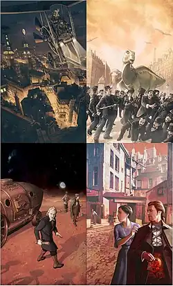 Collage de quatre images : en haut à gauche, un couple installé dans une voiture aérienne rétro-futuriste survole un Paris nocturne ; en haut à droite, des bêtes préhistoriques effraient une foule de parisiens en costumes Belle Époque ; en bas à gauche, à proximité de leur vaisseau interplanétaire en forme d'obus, des explorateurs contemplent la Terre depuis Mars tandis que les ombres se profilant au premier plan annoncent la venue de Martiens ; en bas à droite, dans une cour parisienne, un homme mécanique et une femme regardent derrière eux un homme qui tient le portillon battant d’une grille ouvrante.