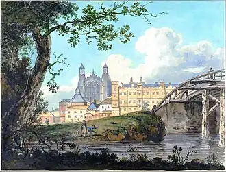 Dessin aquarellé. Au fond les façades claires du collège dominées par la chapelle coté gauche. Au premier plan, la Tamise avec un arbre à gauche et l'arche d'un pont de bois à droite