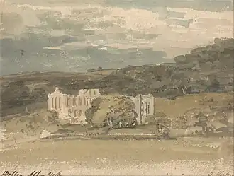 Peinture représentant une abbaye dans un cadre verdoyant.
