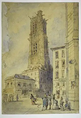La tour Saint-Jacques par Thomas Shotter Boys ; première moitié du XIXe siècle.