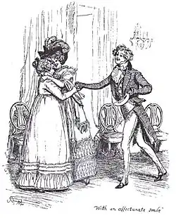 Gravure. Mrs Bennet accueille chaleureusement sa fille et son gendre