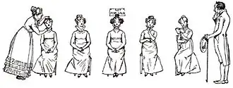 gravure. Un monsieur dubitatif contemple 5 demoiselles assises dont l'une n'est « pas à vendre »