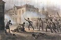 Peinture à l'huile représentant le Prince d'Orange qui, sabre au clair, mène ses hommes au combat.