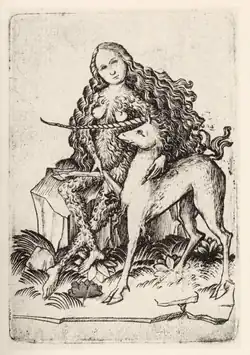 Gravure représentant une femme tenant par l'encolure une licorne