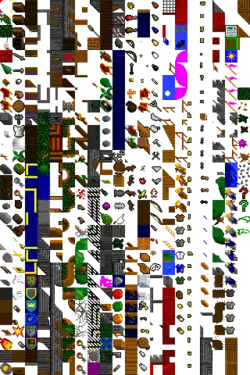 Liste en couleurs de mosaïques très petites, chacune représentant un objet particulier, comme une pièce de mobilier, pouvant être implanté dans un jeu vidéo.