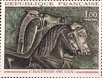 Timbre français édité en 1966 représentant un élément du cratère de Vix