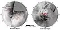 Cartes des régions polaires de Titan, basées sur les images de la sonde Cassini, indiquant des lacs et mers d'hydrocarbures. Les étendues liquides sont surlignées en rouge ; les lignes bleues indiquent une étendue apparue dans l'intervalle 2004-2005.