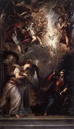 Peinture. L'ange approche de Marie sous un ciel rempli d'anges et de nuées, fendu par la traînée dorée de la colombe.
