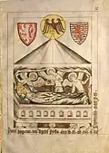 Tombe d'Henri VII (vers 1313), avec les armoiries de l'empereur et l'aigle impériale (Codex Balduini Trevirensis, vers 1340).