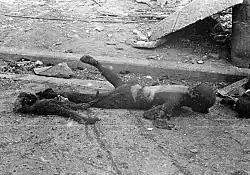 Photo noir et blanc de deux cadavres carbonisés, sur le sol.