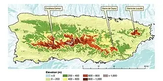 Topographie de Porto Rico : la sierra de Cayey est située au sud-est de la cordillère Centrale.