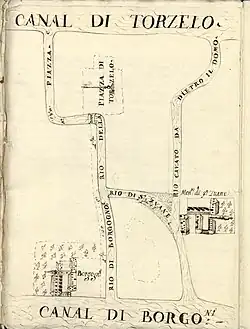 Plan ancien d'une abbaye située sur une île entre deux canaux