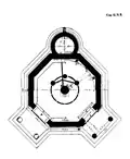 Plan de situation de l'horloge : traces au sol, conduits, puits central, en noir ; le réservoir sud est en haut.