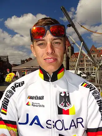 Nils Politt lors du départ de la 3e&nbsp;étape du Triptyque des Monts et Châteaux 2015 à Tournai.
