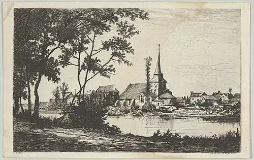 Ville avec église de l'autre côté d'une rivière (eau-forte, MET).