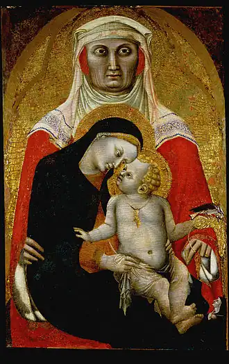 Peinture représentant une femme (manteau rouge) tenant une autre (manteau noir), sur ses genoux tenant elle-même un bébé, le tout sur fond doré.