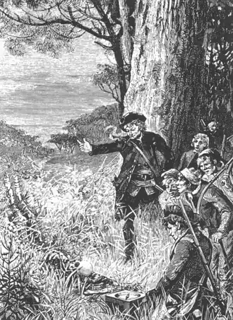 Long John Silver découvre le squelette d'Allardyce. Illustration de George Roux pour l'édition de 1885 de L'Île au trésor.