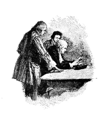Livesey, Trelawney et Jim Hawkins découvrent la carte au trésor.