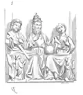 Bas-relief de bois représentant la Trinité (fin XIIIe&nbsp;siècle) : Dieu Le Père au milieu, coiffé de la tiare à triple couronne papale, qui bénit de la main droite et tient la Terre de la gauche. À sa droite le Fils couronné d'épines, portant la croix. À sa gauche un jeune homme imberbe, l'Esprit, tenant une colombe.