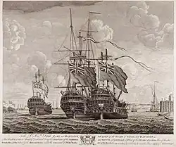 Le Severn, le Terrible et le Neptune sous pavillon anglais vers 1750. Tous les bâtiments capturés sont intégrés à la Royal Navy.