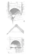 Trompe clavée conique romane du XIe&nbsp;siècle. Pour éviter la réunion des angles très aigus des claveaux composant la trompe, au sommet du cône, un morceau de pierre demi-circulaire est placé à la place de ce sommet en a ; il forme ainsi un petit cintre sur lequel repose l'intrados des claveaux (selon Viollet-le-Duc).