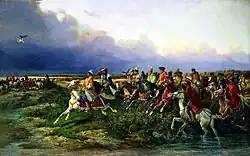 À travers les plaines, un groupe de cavaliers en costumes russes composés de toques et de longs manteaux s’apprêtent à traverser un gué tout en suivant des yeux un faucon volant dans le ciel ; le personnage en tête du cortège, la toque ornée d'une plume, l'ait fier, monte un cheval gris fougueux richement harnaché ; à l'arrière-plan, un autre groupe de cavaliers semble attendre avec des chiens.