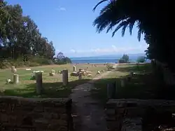 Vue de tronçons de colonnes antiques alignées sur une esplanade engazonnée.