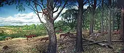 étendue avec des arbres, mais dégagée. Un groupe de petit chevaux galope au centre, d'autre animaux dans les coin du tableau.