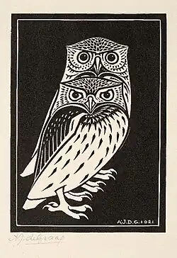 Deux hiboux (gravure sur bois, 1921)