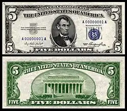 Avers et revers d'un certificat, type billet de banque. Abraham Lincoln sur l'avers, le mémorial Lincoln au revers.