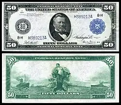 Avers et revers d'un billet de 50 dollars américains, type 1914, sceau bleu