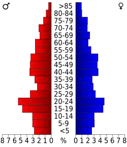 Schéma représentant la population du comté, par tranche d'âge. En rouge, à gauche, les femmes, en bleu à droite, les hommes.