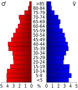 Schéma représentant la population du comté, par tranche d'âge. En rouge, à gauche, les femmes, en bleu à droite, les hommes.