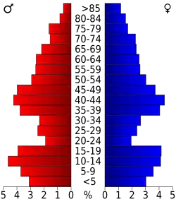 Schéma représentant la population du comté, par tranche d'âge. En rouge, à gauche, les femmes, en bleu à droite, les hommes.