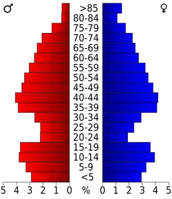 Schéma représentant la population du comté, par tranche d'âge. En rouge, à gauche, les femmes, en bleu à droite, les hommes.