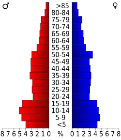 Schéma représentant la population du comté, par tranche d'âge. En rouge, à gauche, les femmes, en bleu à droite, les hommes.