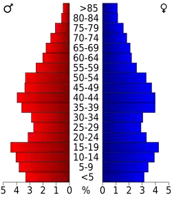 Schéma représentant la population du comté, par tranche d'âge. En rouge, à gauche, les femmes, en bleu à droite, les hommes.