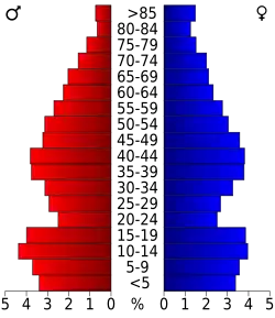 Schéma représentant la population du comté, par tranche d'âge. En rouge, à gauche, les femmes, en bleu à droite, les hommes.